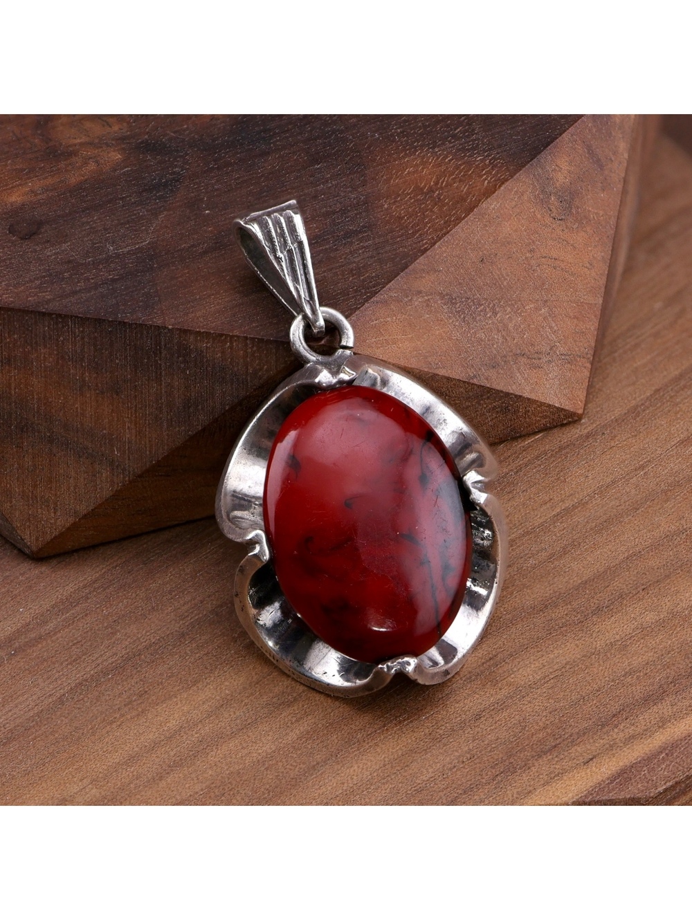 Vintage Mexican 925 Sterling Silver Modernist Open Petal Red Jasper Pendant